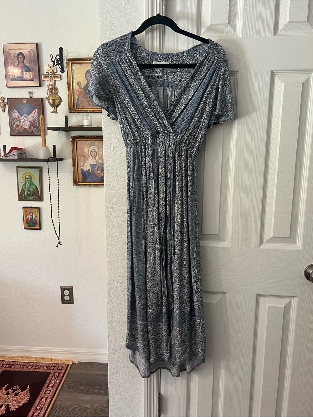 Gray Blue bandana Patterned V-Neck Maxi Dress